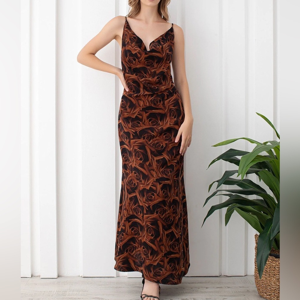 Blush Brown Rose Pattern Maxi Dress